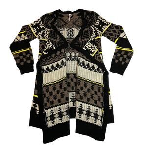 Ekklesia Open Front Knit Geometric Print Cardigan Size M/L Long Line Cozy Cotton